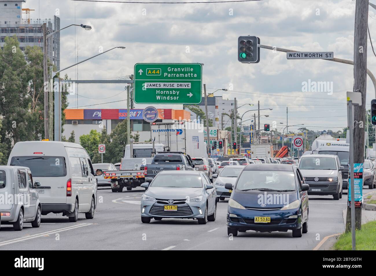 Vehicle congestion on Parramatta Road near the intersection with James Ruse Drive in the Sydney suburb of Clyde, New South Wales, Australia Stock Photo