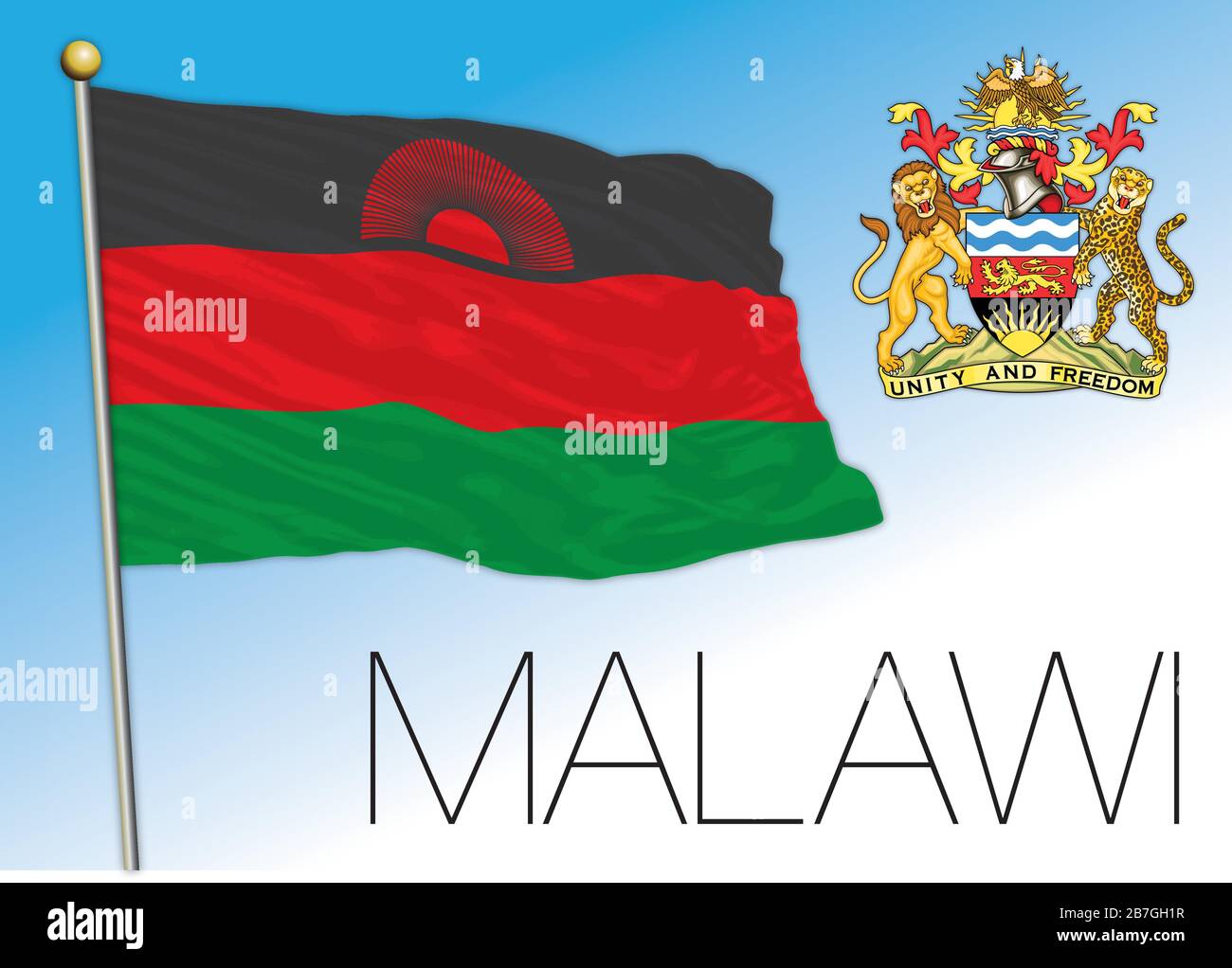 Malawi official national flag and coat of arms, african country, vector illustration Stock Vector