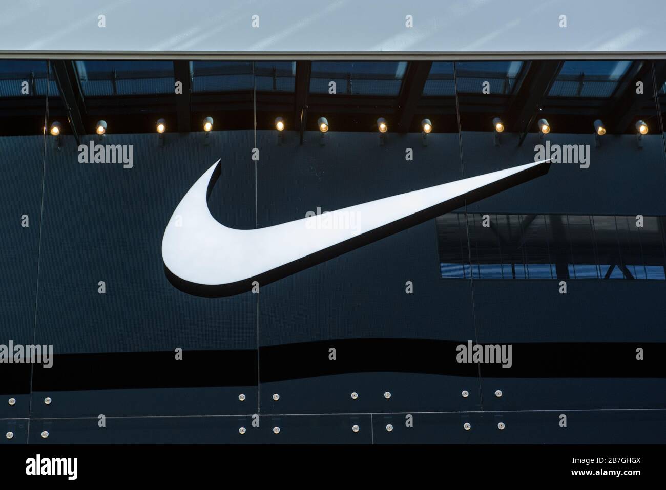 RIGA, LATVIA. 22nd January, 2020. Logo of NIKE company at shopping centre  Akropole. NIKE is an American multinational corporation that is engaged in  the design, worldwide sales of footwear, apparel, equipment, accessories