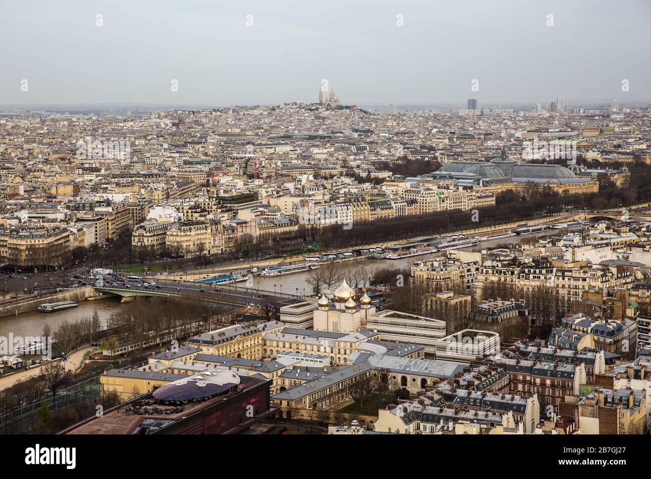 Aerial view of Paris city and Seine river from Eiffel Tower. Stock Photo