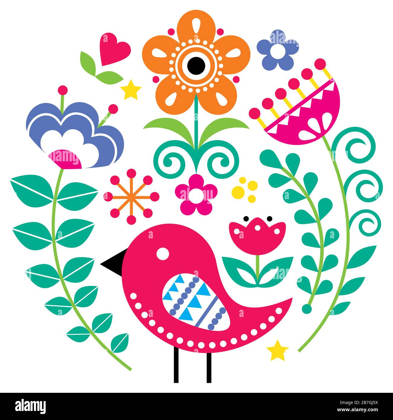 Scandinavian folk art vector pattern with flowers and bird in circle