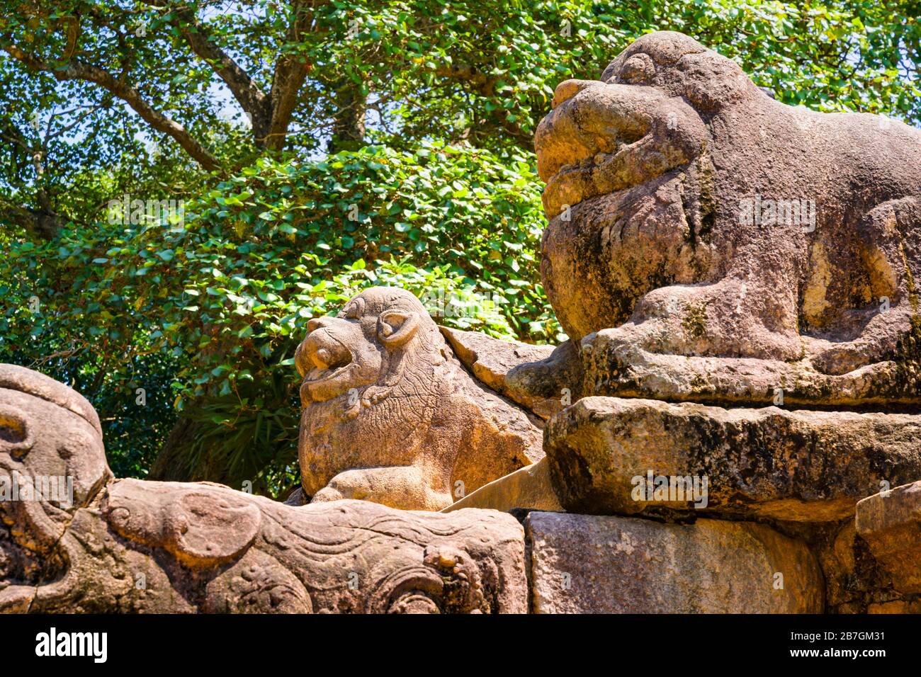 Asia Sri Lanka Polonnaruwa Vatadage staircase balustrade Korawakgala feature dragon stone Makara Galaeating dragons lion lions Stock Photo