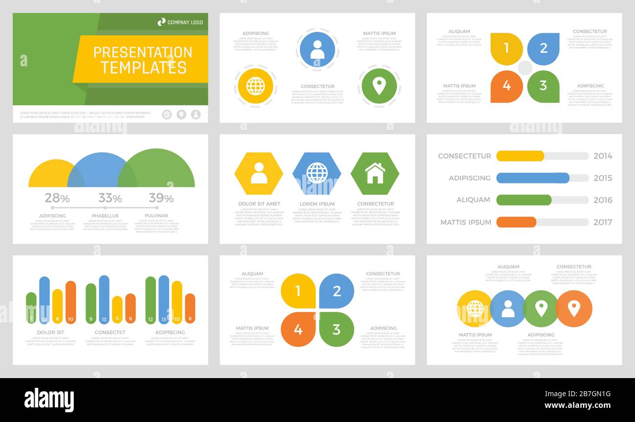Set of yellow, blue, green and orange elements for multipurpose presentation template slides with graphs and charts. Stock Vector