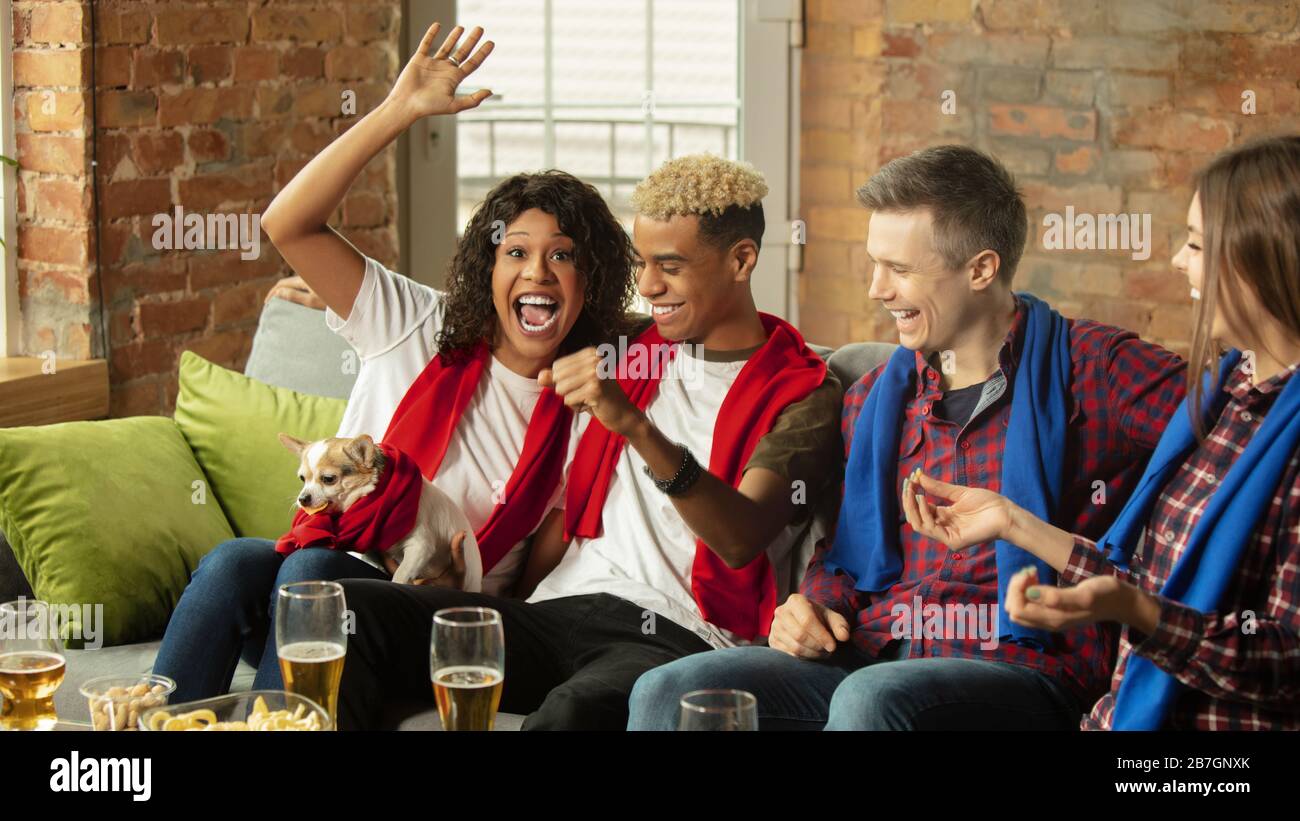 Support Excited People Watching Sport Match Chsmpionship At Home Multiethnic Group Of Friend Fans Cheering For Favourite National Basketball Tennis Soccer Hockey Team Concept Of Emotions Stock Photo Alamy
