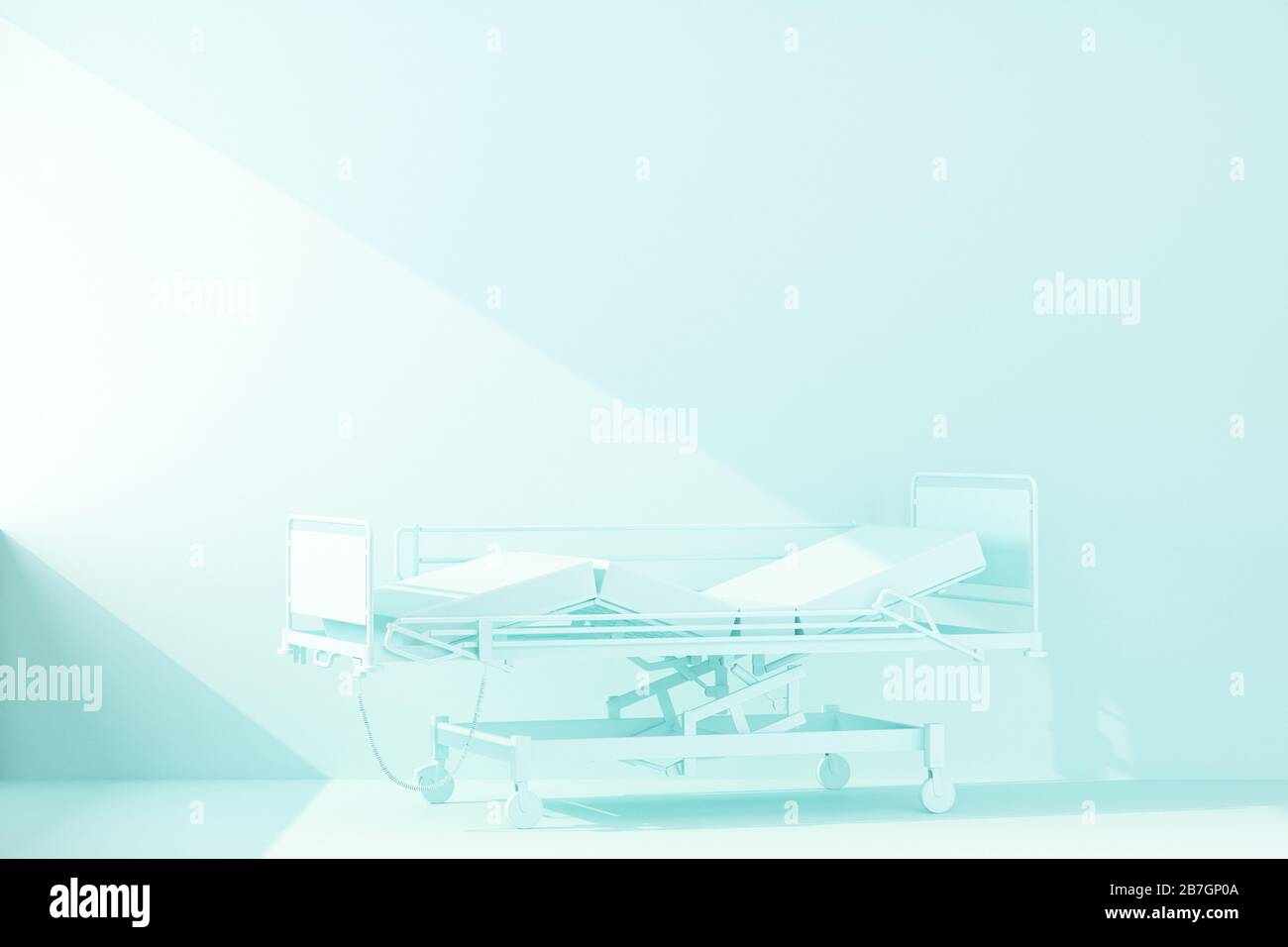 hospital bed is lit by ray of sunlight in one color. 3d rendering Stock ...