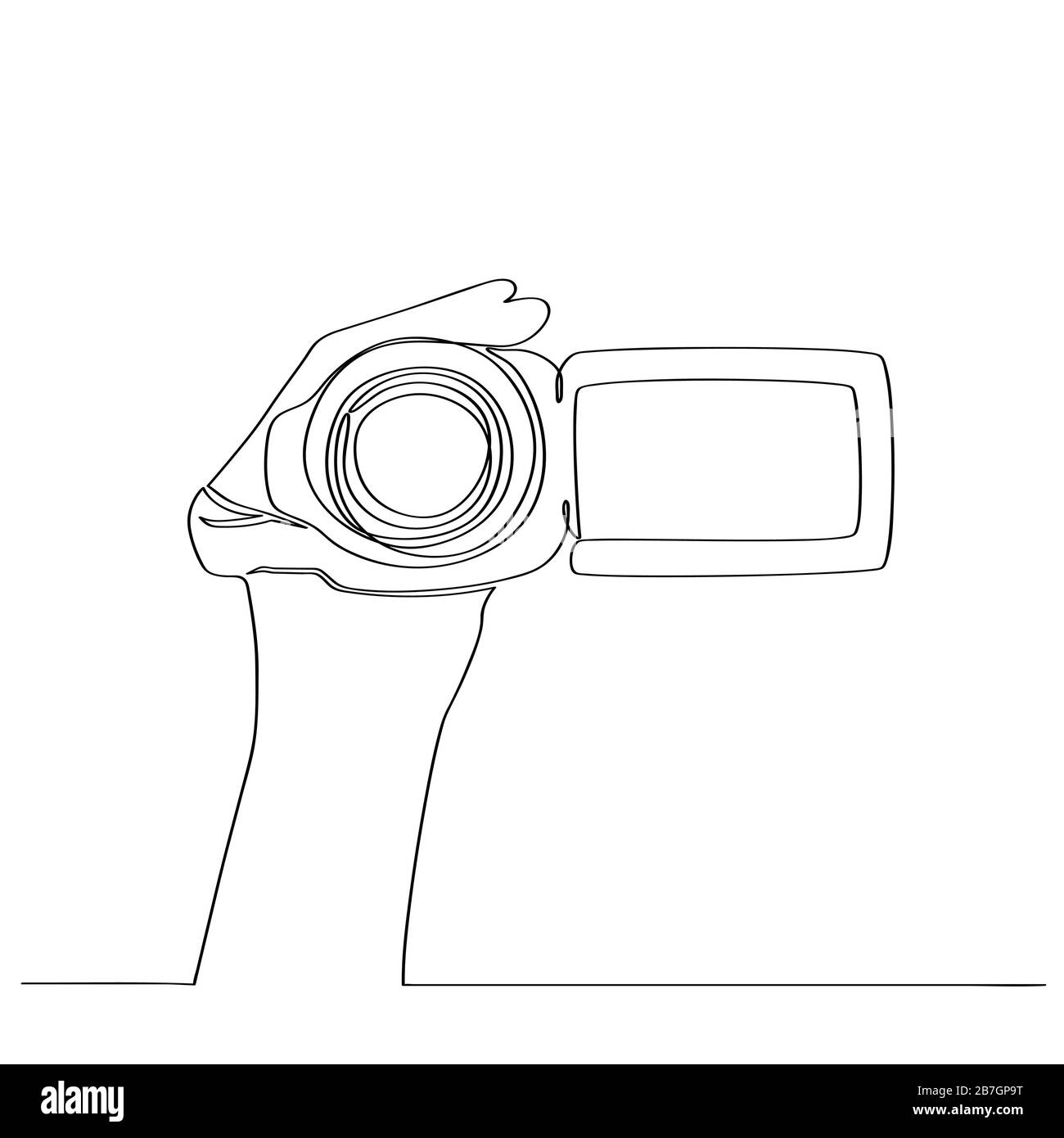 Human hand takes video on camera. Drawn by hand in one continuous line ...