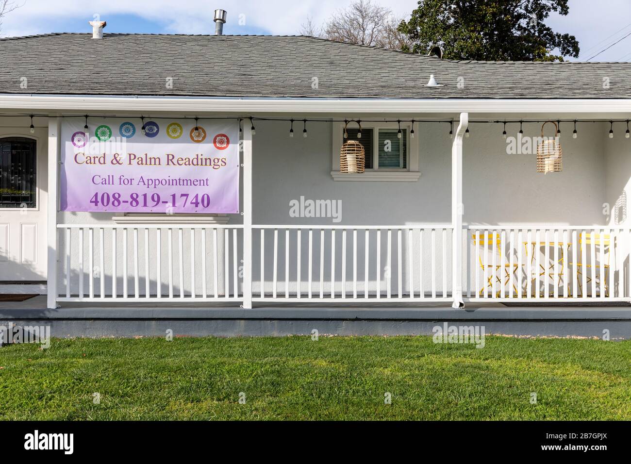 Card & Palm Readings, Call for Appointment, sign on house in San José, California, USA Stock Photo
