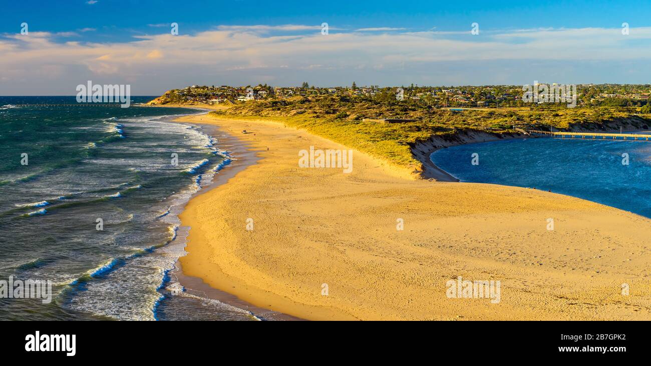 Onkaparinga River Mouth Viewpoint and Port Noarlunga South at sunset Stock Photo