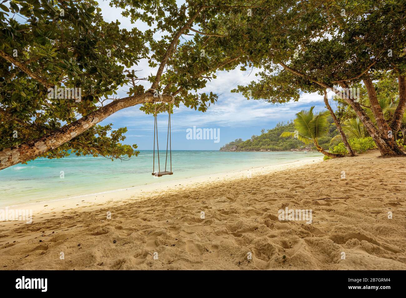 Beautiful empty tropical beach in Seychelles - Tourism affected by pandemic corona virus disease (COVID-19) concept Stock Photo