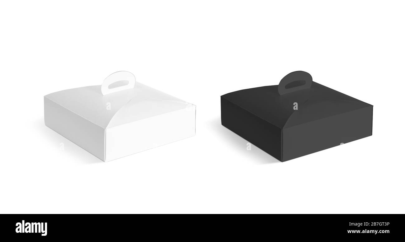 Blank black and white cardboard cake box mockup set, isolated Stock Photo