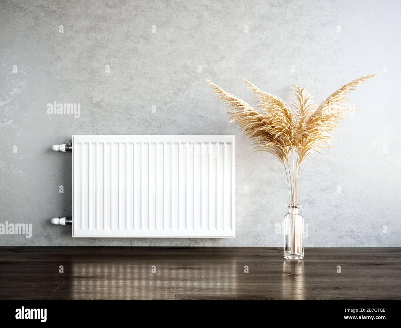 Heating metal radiator, white radiator on the wall in an apartment with the pampas. 3d rendering illustration Stock Photo