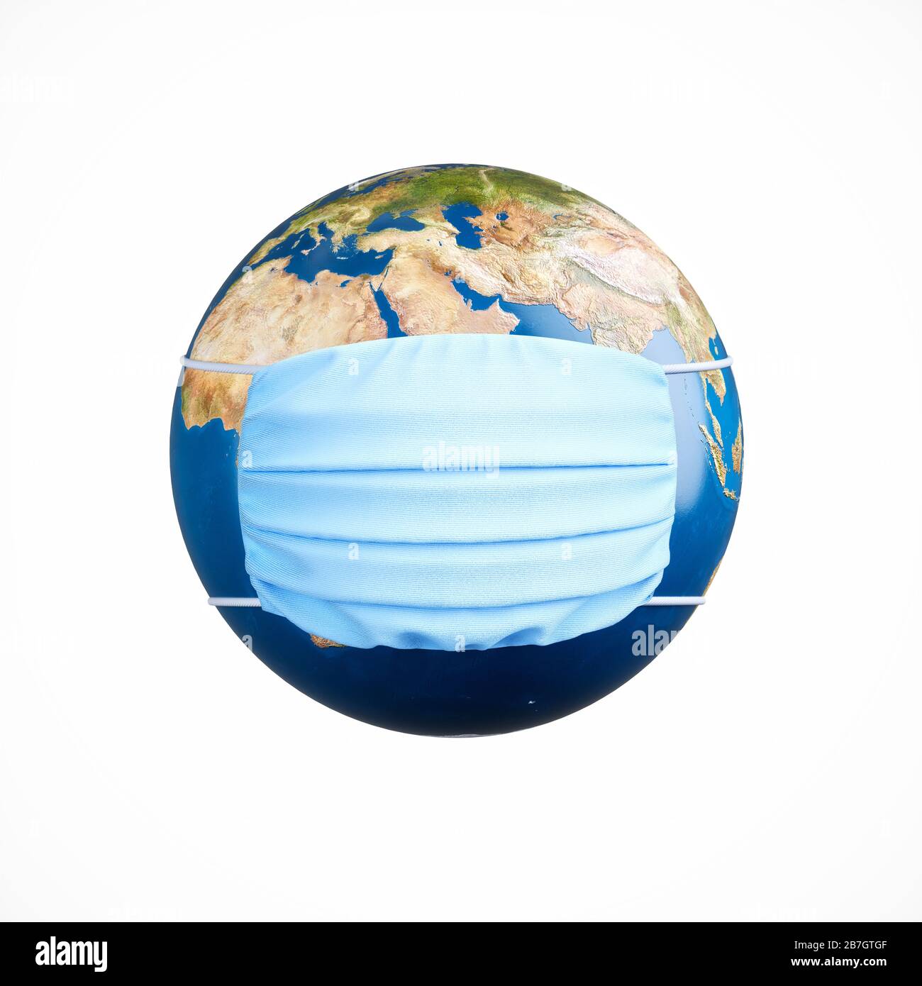 Earth globe wearing a protective blue mask. Coronavirus, COVID-19 concept. 3d rendering illustration isolated Stock Photo