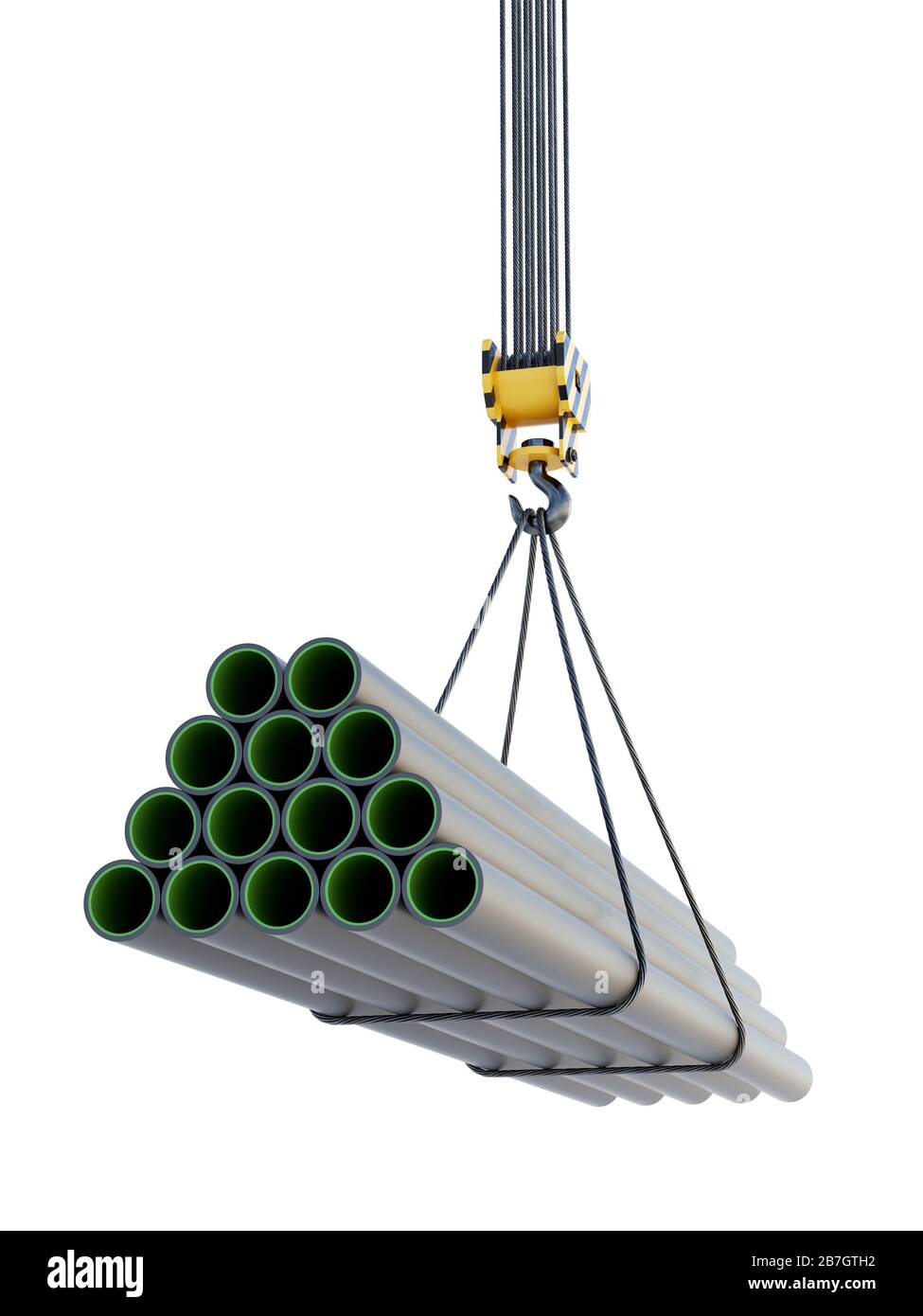 Crane hook lifting of plastic pvc construction pipes. 3d rendering illustration isolated Stock Photo