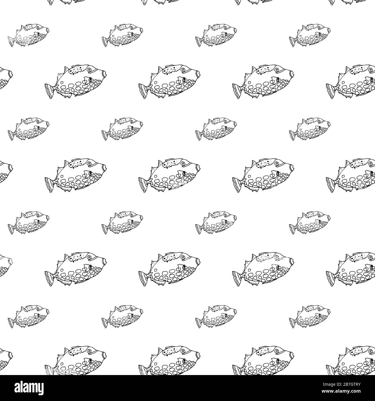 Clown trigger fish seamless pattern. Hand drawing sketch. Black outline on white background. Vector illustration can be used in greeting cards, posters, flyers, banners, logo, further design etc. EPS10 Stock Vector