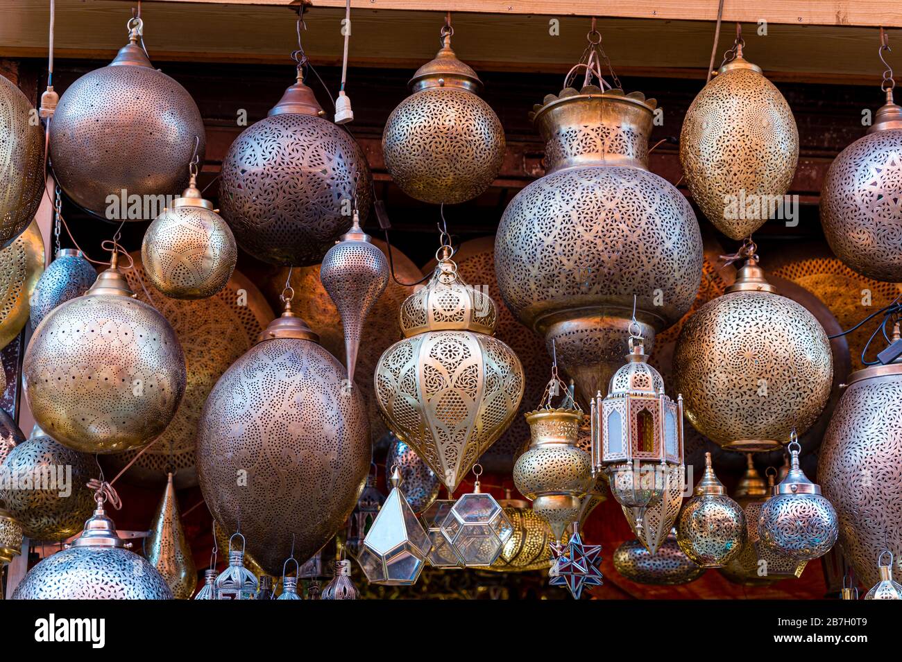 Lamps on sale in the souk, Marrakesh. Morocco Stock Photo