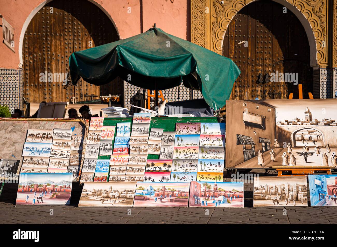Pictures on sale in the souk, Marrakesh. Morocco Stock Photo