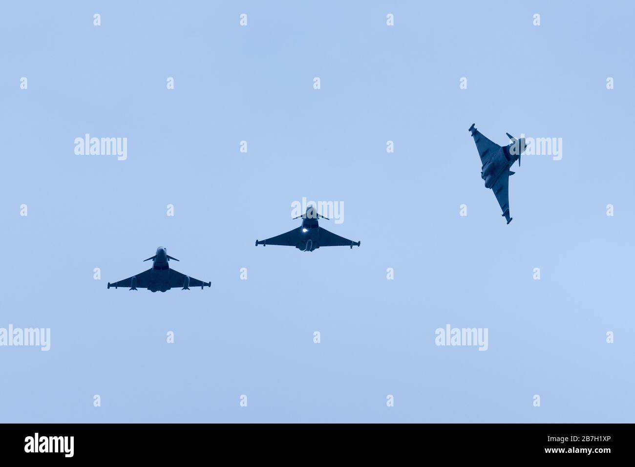 RAF Coningsby, Lincolnshire, UK. 16th Mar, 2020. Typhoon aircraft of 29 squadron on practice flights from Royal Air Force Coningsby, Lincolnshire. RAF airshows later in the year are under threat of postponement or cancellation due to the COVID-19 pandemic. Credit: Peter Lopeman/Alamy Live News Stock Photo