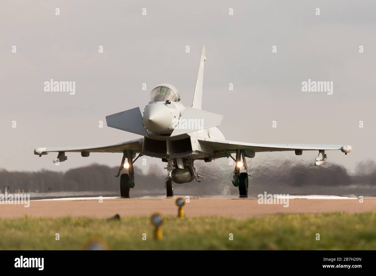RAF Coningsby, Lincolnshire, UK. 16th Mar, 2020. Typhoon aircraft of 29 squadron on practice flights from Royal Air Force Coningsby, Lincolnshire. RAF airshows later in the year are under threat of postponement or cancellation due to the COVID-19 pandemic. Credit: Peter Lopeman/Alamy Live News Stock Photo