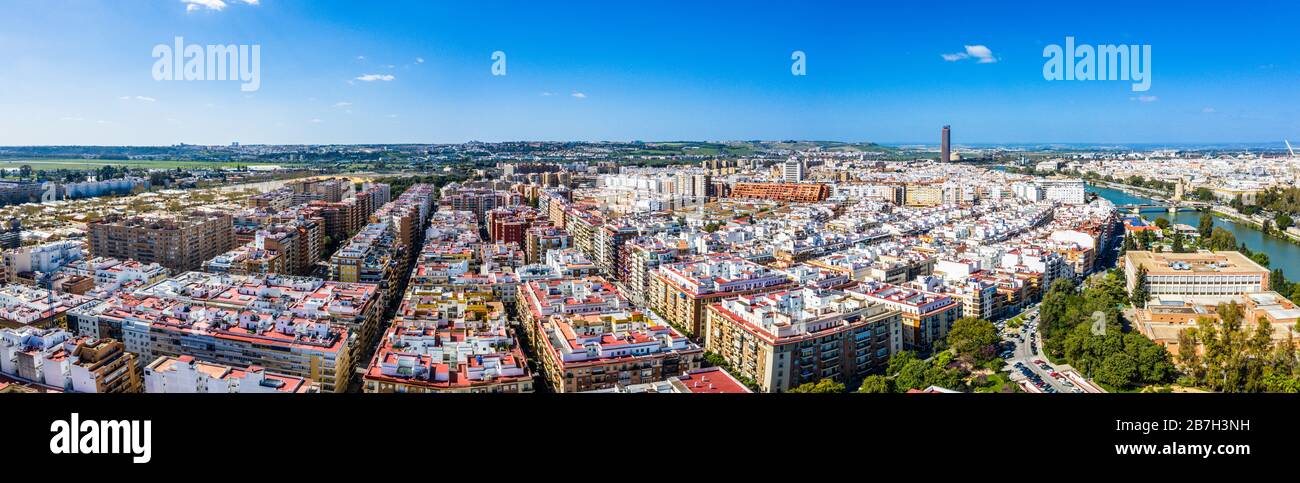 Sevilla city. Beautiful Aerial Panorama Shot. Centre and its landmarks,, Spain, Seville Stock Photo