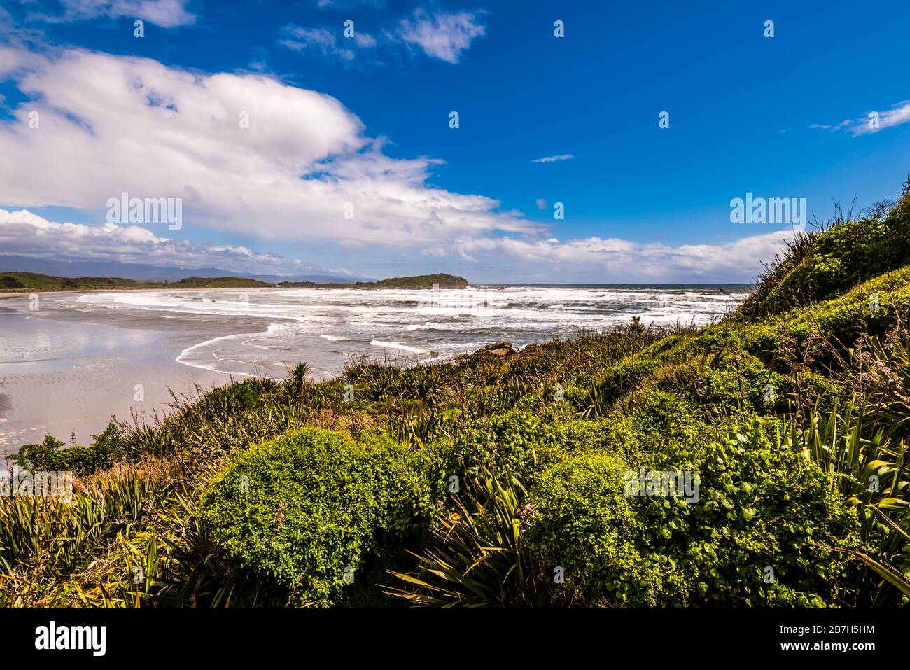 View over the beach at Tauranga Bay, West Coast, New Zealand Stock