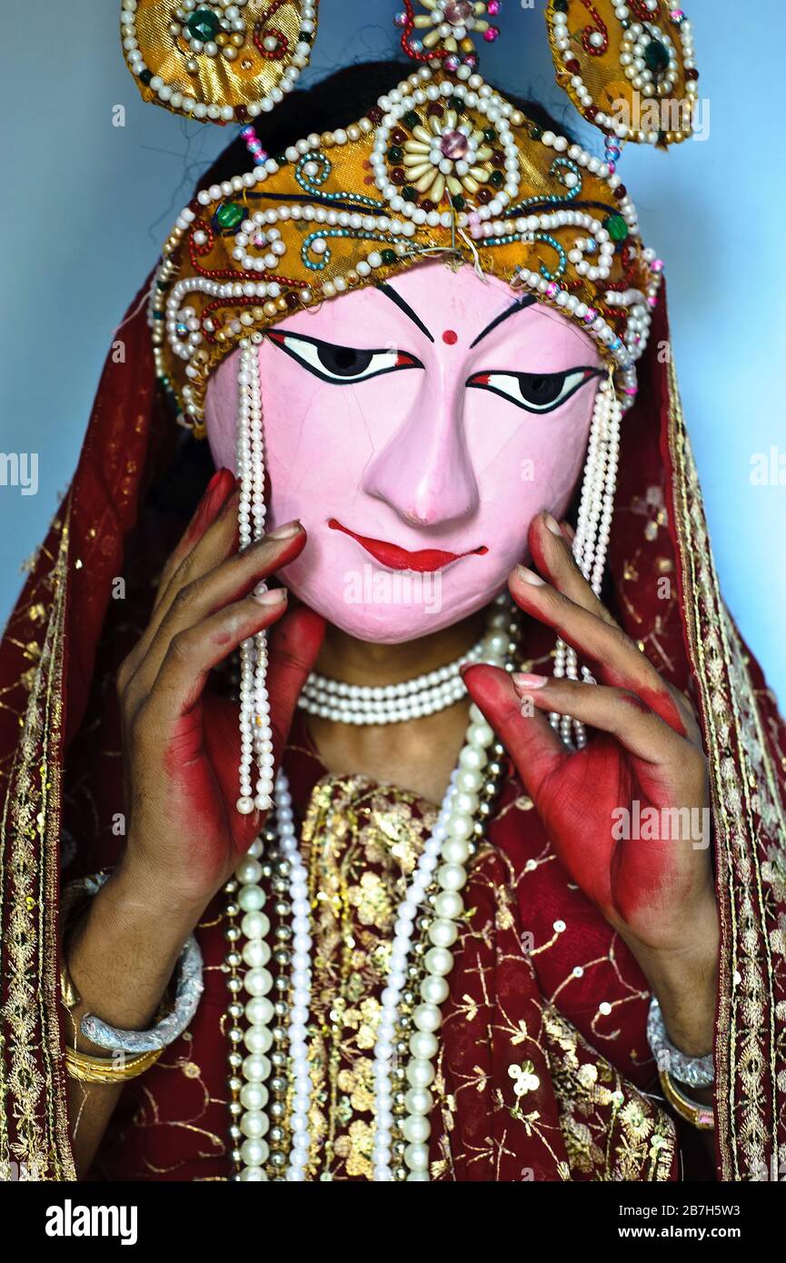 Seraikela Chhau dancer playing the role of the hindu goddess Radha ( India) Stock Photo