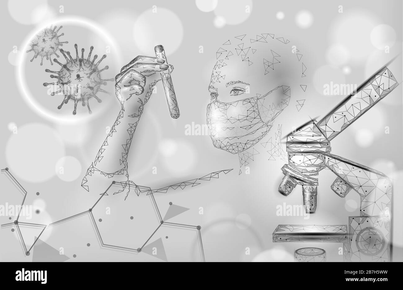 Woman doctor scientists hold test tube. Safety medical mask virus microscope vaccine. Developing pandemic coronavirus pneumonia treatment. Healthcare Stock Vector