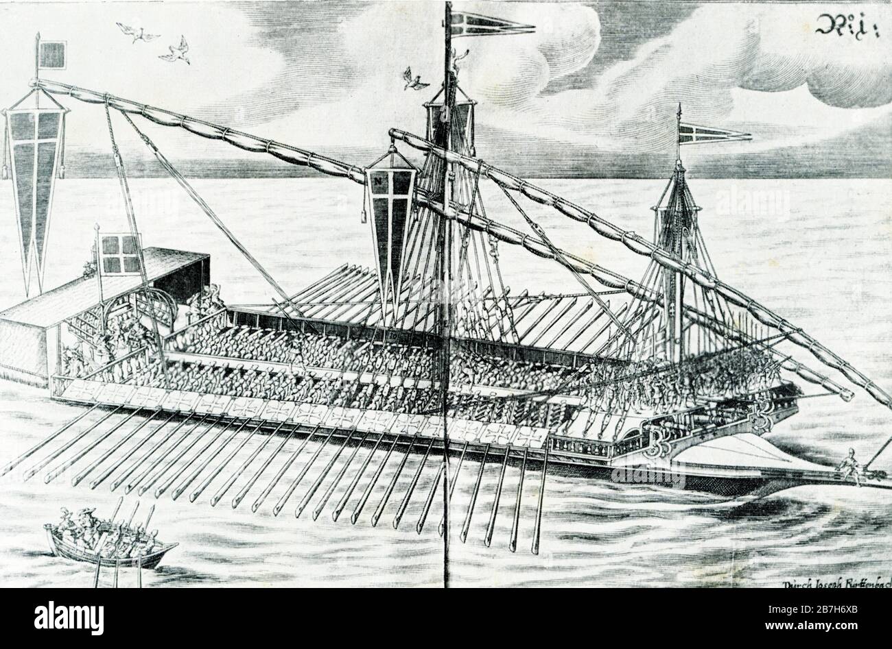 This illustration, dating to the early 1900s, shows an early 17th century galley, a type of ship that is propelled mainly by rowing. The galley is characterized by its long, slender hull, shallow draft, and low freeboard. Virtually all types of galleys had sails. It was chiefly used for warfare, trade, and piracy. Stock Photo