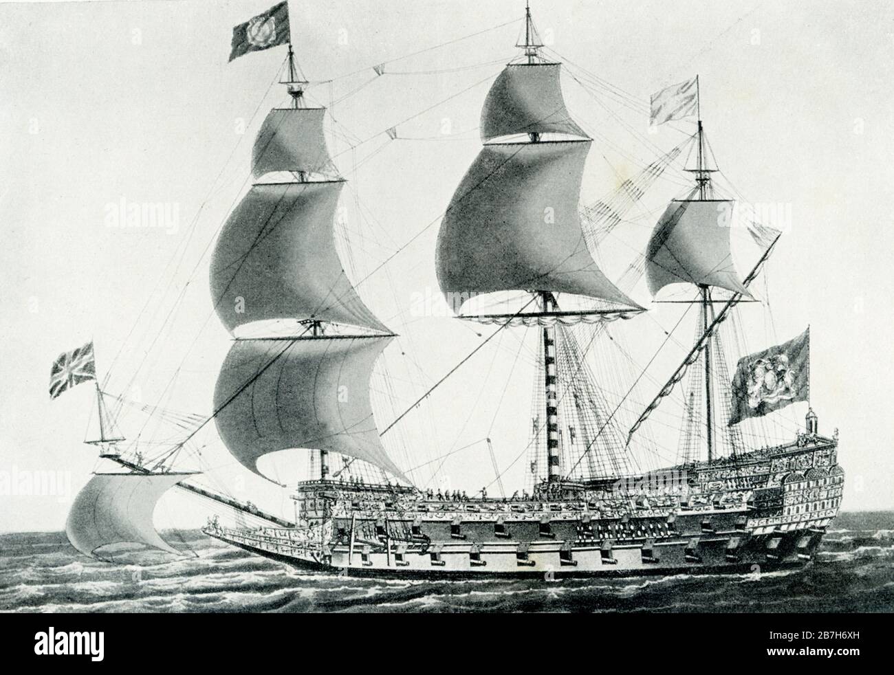 This image of the Sovereign of the Seas, which was built in 1607, dates to the early 1900s. Sovereign of the Seas was a 17th-century warship of the English Navy. She was ordered as a 90-gun first-rate ship of the line of the English Royal Navy, but at launch was armed with 102 bronze guns at the insistence of the king, Charles I. It was later renamed Sovereign, and then Royal Sovereign. Stock Photo