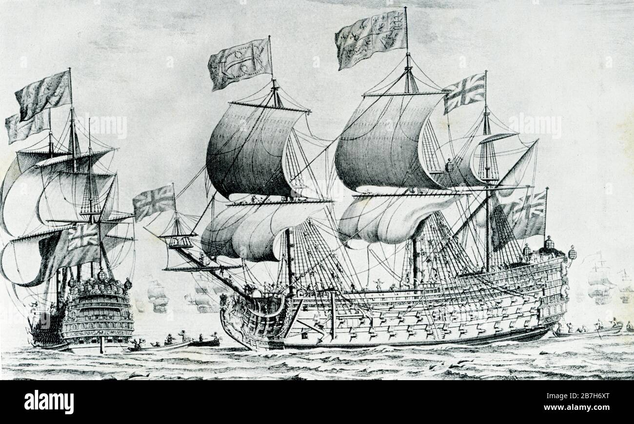 This late 1800s illustration shows the HMS Royal George. The caption notes that it had 100 guns, weighted 2047 tons and foundered in 1782, sinking while undergoing routine maintenance with more than 800 lives lost. HMS Royal George was launched in 1756, the largest warship in the world. Served in the Seven Years War. Stock Photo