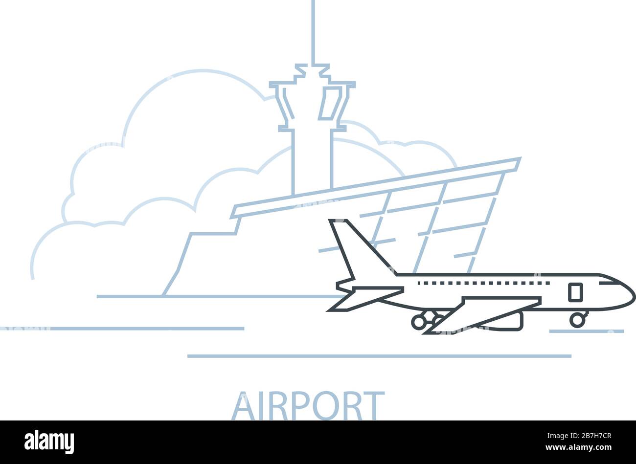 Airport terminal building and airplane on landing strip, icon of airport, line style Stock Vector