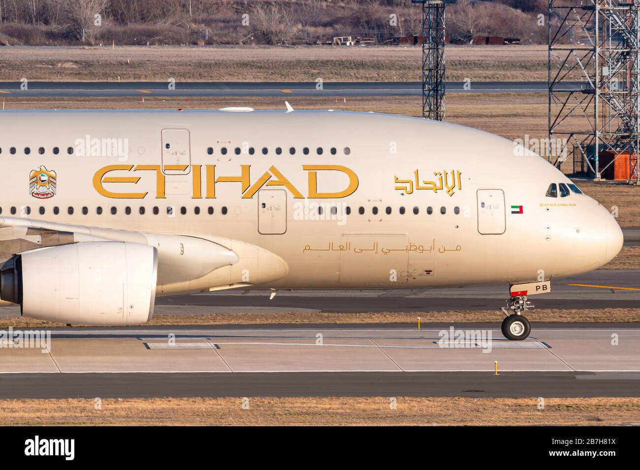 New York, USA - February 27, 2020: Etihad Airways Airbus A380-800 airplane at New York John F. Kennedy airport (JFK) in the USA. Airbus is an aircraft Stock Photo