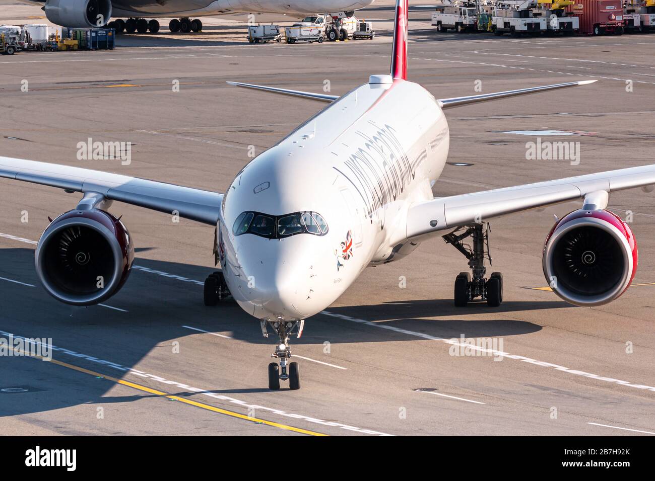 New York, USA - February 27, 2020: Virgin Atlantic Airbus A350-1000 airplane at New York John F. Kennedy airport (JFK) in the USA. Airbus is an aircra Stock Photo
