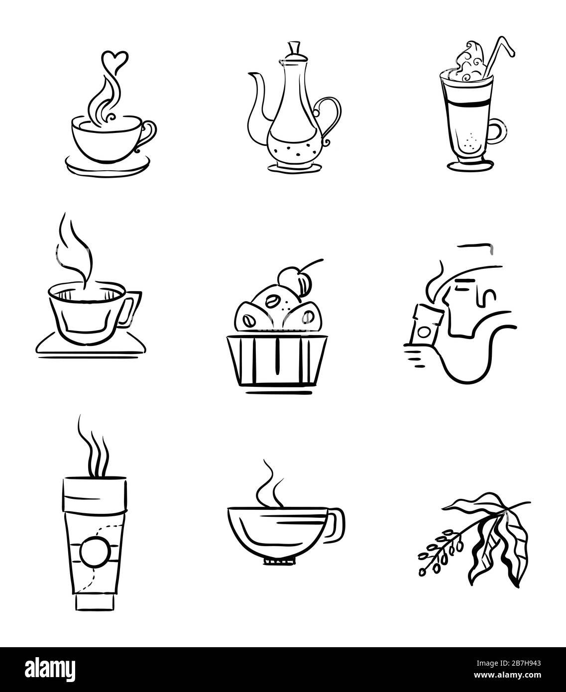 Set of vector coffee icons isolated on white background. Hand drawing coffee illustration elements for your buisness.  Food and drink concept. Stock i Stock Vector