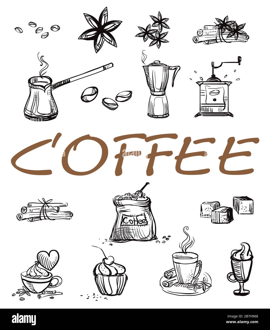 Hand drawing doodle style coffee theme. Set of vector coffee icons