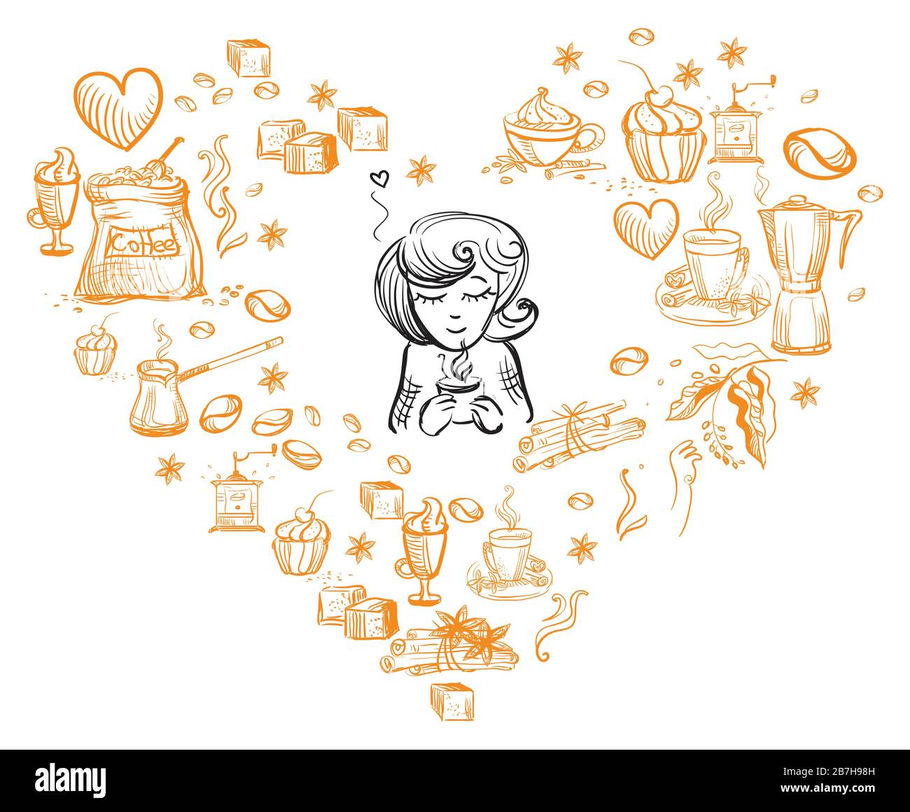Hand drawing vector doodle style coffee theme. Young girl with cup of coffee inside a heart with coffee icons isolated on white background. Food and d Stock Vector