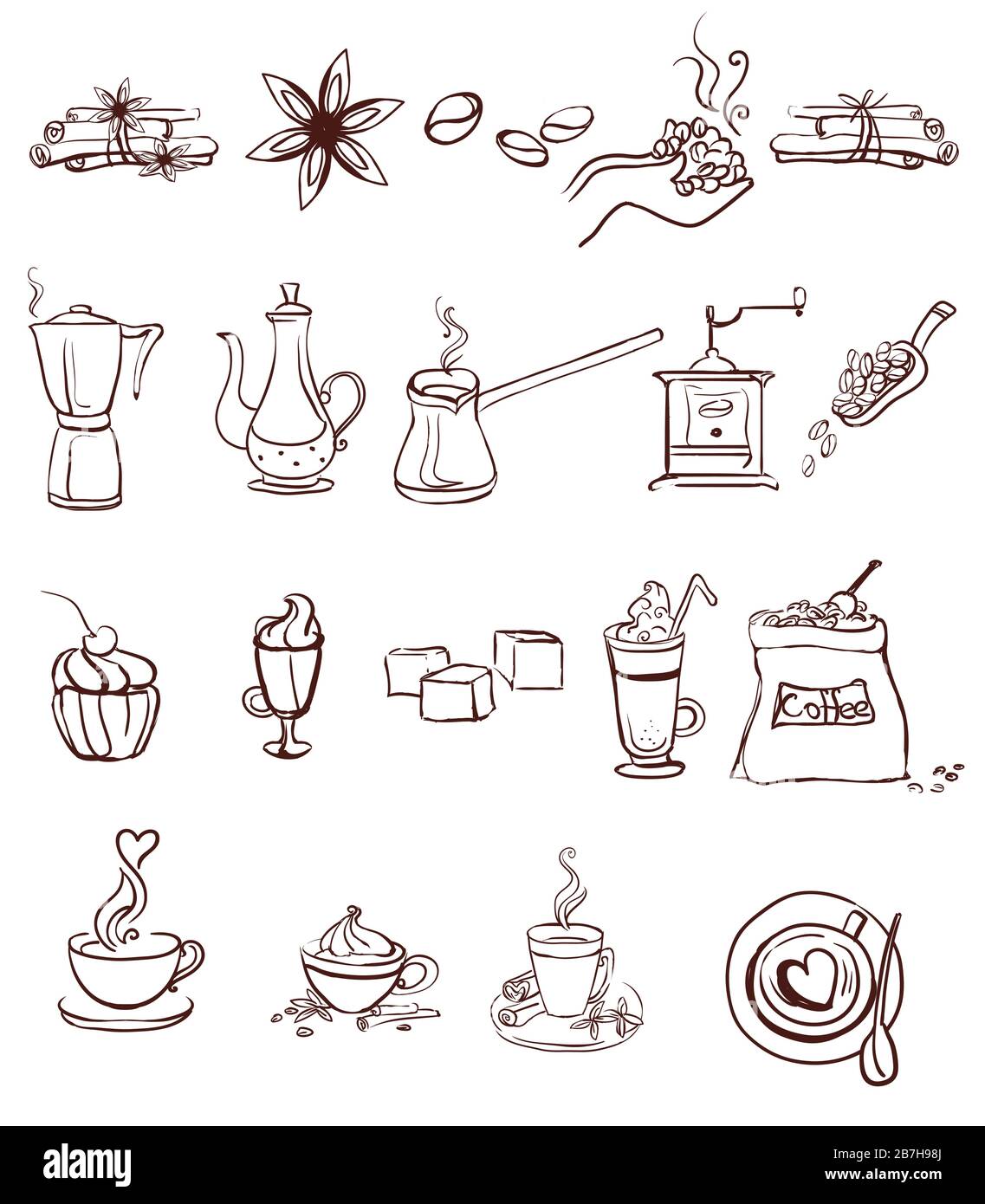 Set of vector coffee icons isolated on white background. Hand drawing doodle style coffee illustration elements for your buisness.  Food and drink con Stock Vector