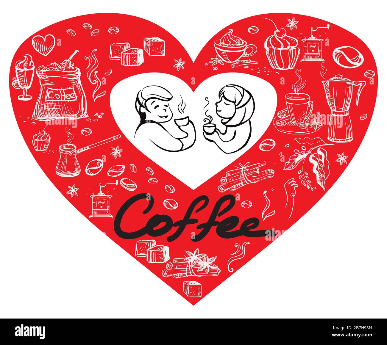 Hand drawing vector doodle style coffee theme. Young girl and boy drinking coffee inside a heart with coffee icons isolated on white background. Food Stock Vector