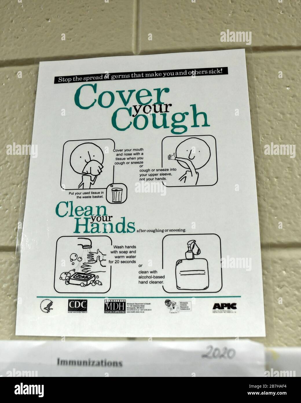 Germ prevention sign depicting proper etiquette to prevent the spread of Coronavirus located in the 145th Medical Group on Mar. 06, 2020 at the North Carolina (N.C.) Air National Guard Base, Charlotte Douglas International Airport, March 8, 2020. The Coronavirus, or COVID19, is spreading across the U.S. several states, including North Carolina, have reported their first cases. Both Wake and Chatham Counties in N.C. have 2 confirmed cases of the virus. () Stock Photo