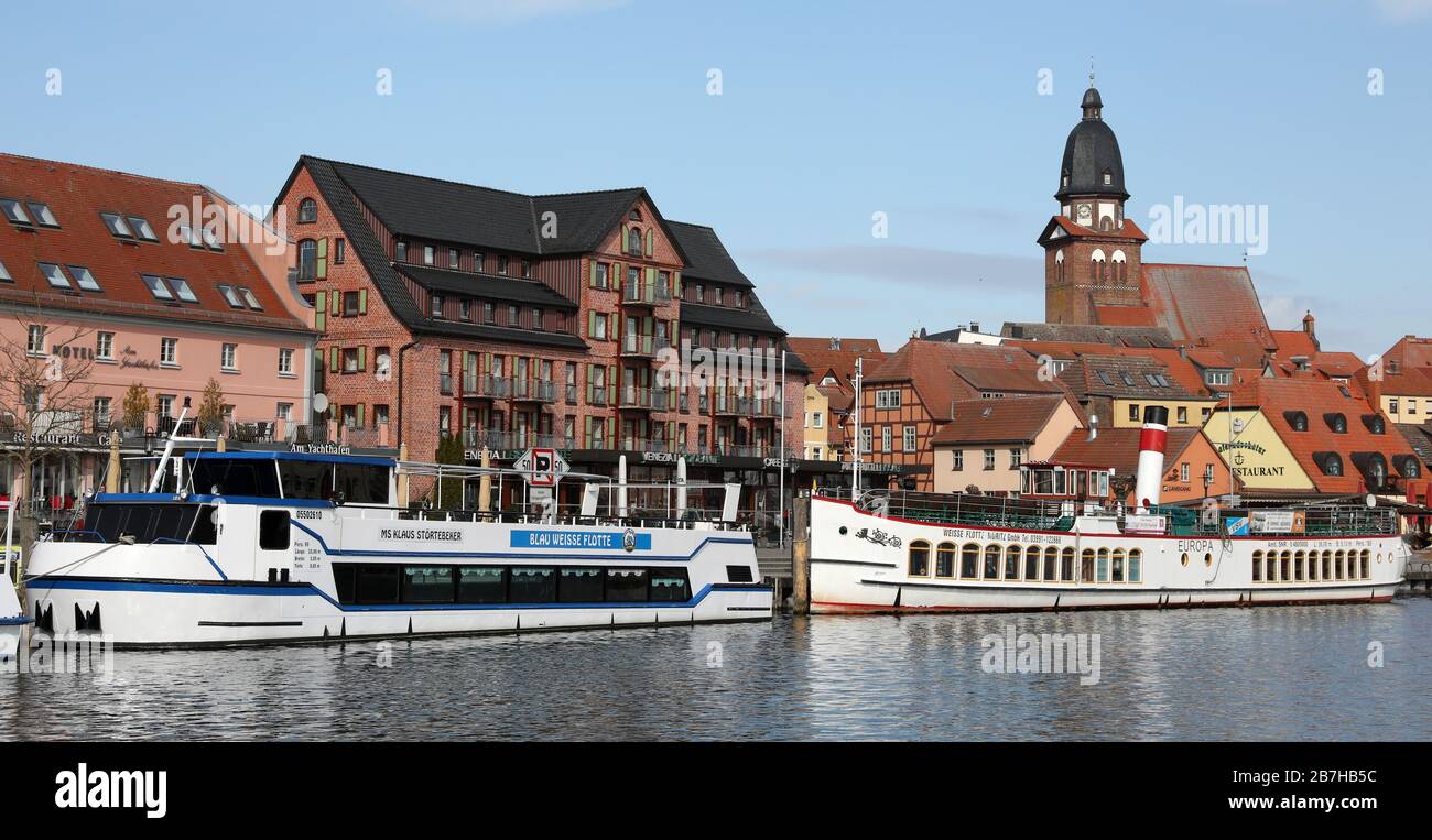 Waren, Müritz, Germany. 16th March 2020. The passenger ships are moored in the city harbour on the Müritz. Due to the corona epidemic the tourist offer is more and more limited. So the Müritz-Sail, which is planned from 21.05.2020, will not be able to take place. Up to now it has been considered a popular tourist prelude at the lake district with about 60,000 visitors. Photo: Bernd Wüstneck/dpa-Zentralbild/dpa Credit: dpa picture alliance/Alamy Live News Stock Photo