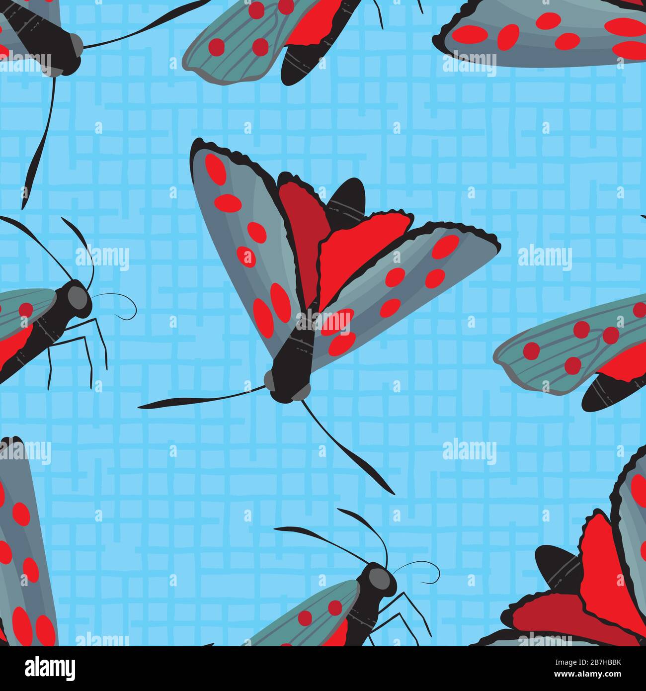 Six spot burnet butterfly seamless vector pattern background. Day flying moth illustration.Scottish coastal insect repeat backdrop. All over print for Stock Vector