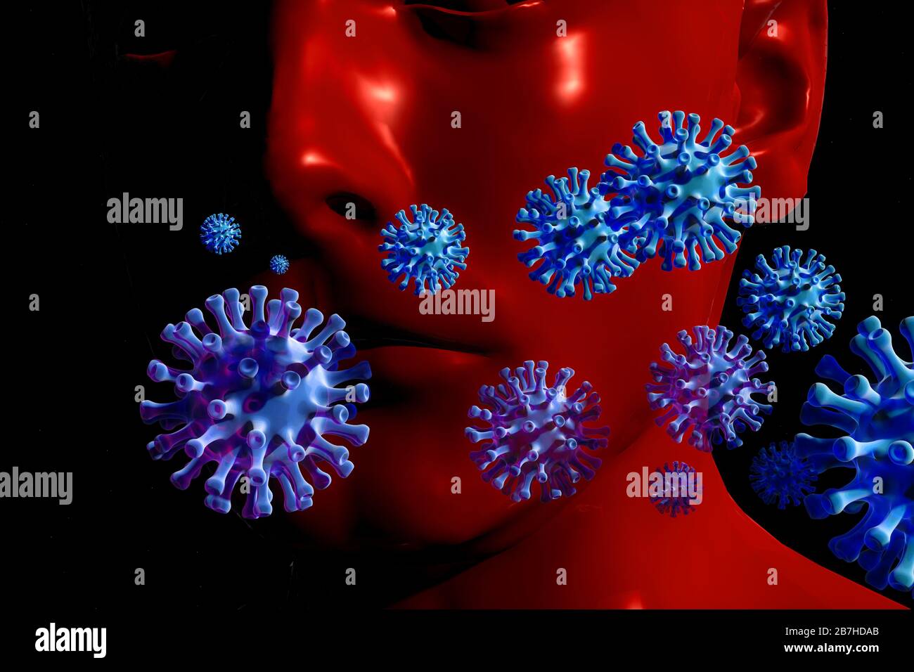 ein fieses Virus befaellt die Welt - Symbolbild: CGI-Visualisierung: Coronavirus Covid 19, SARS 2,Mensch/ a horrible new virus infests planet earth - Stock Photo