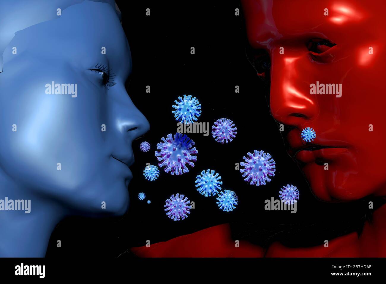 ein fieses Virus befaellt die Welt - Symbolbild: CGI-Visualisierung: Coronavirus Covid 19, SARS 2,Menschen: Mann, FRau, Liebe in Zeiten der Seuche/ a Stock Photo