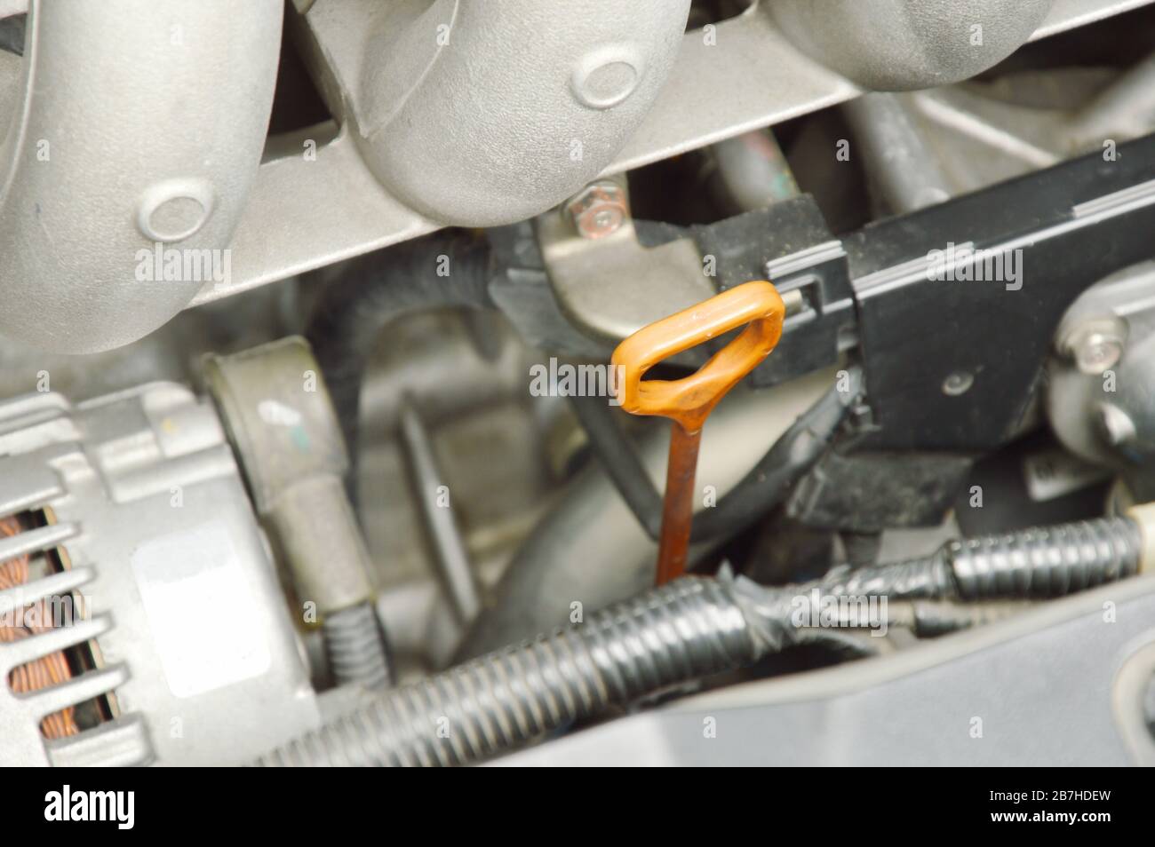 oil gauge stick for checking lubricant level in car engine Stock Photo