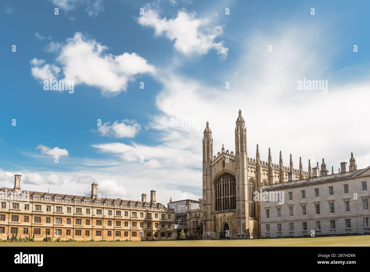Cambridge, Cambridgeshire / England, United Kingdom -  King's college Cambridge University building surrounded by clouds Stock Photo