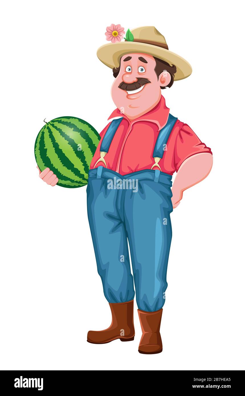 Farmer cartoon character. Cheerful farmer holding big watermelon. Stock vector Stock Vector