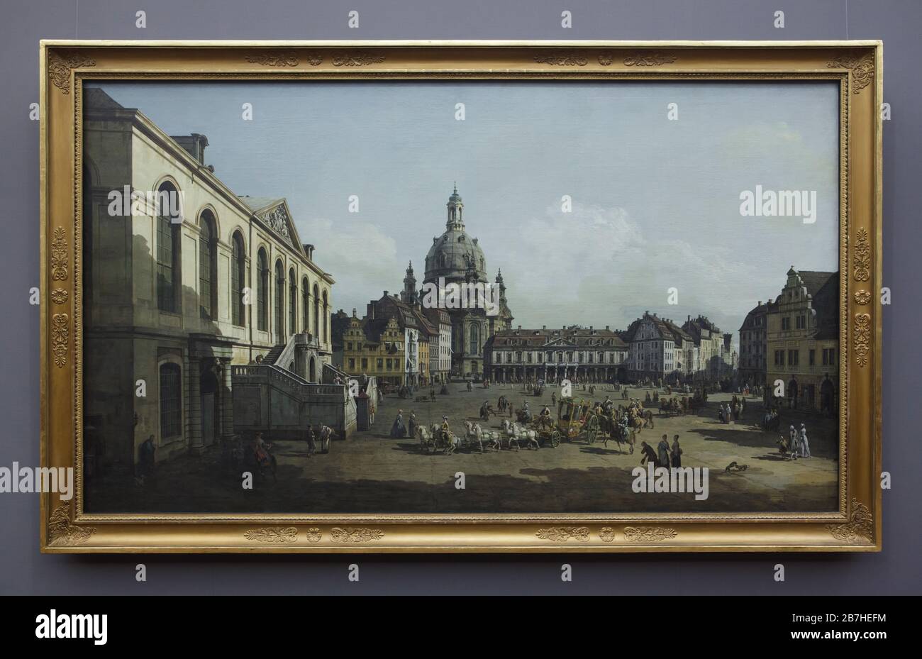 Painting 'New Market (Neumarkt) in Dresden as seen from the Jüdenhof' by Italian landscape painter Bernardo Bellotto also known as Canaletto (1748-1749). The Dresden Frauenkirche (Dresdner Frauenkirche) is depicted in the centre. The Johanneum Building, now used as the Dresden Transport Museum (Verkehrsmuseum Dresden) is depicted at the left. In the state carriage drawn by six horses is depicted Elector Friedrich August II also known as King Augustus III of Poland. Stock Photo