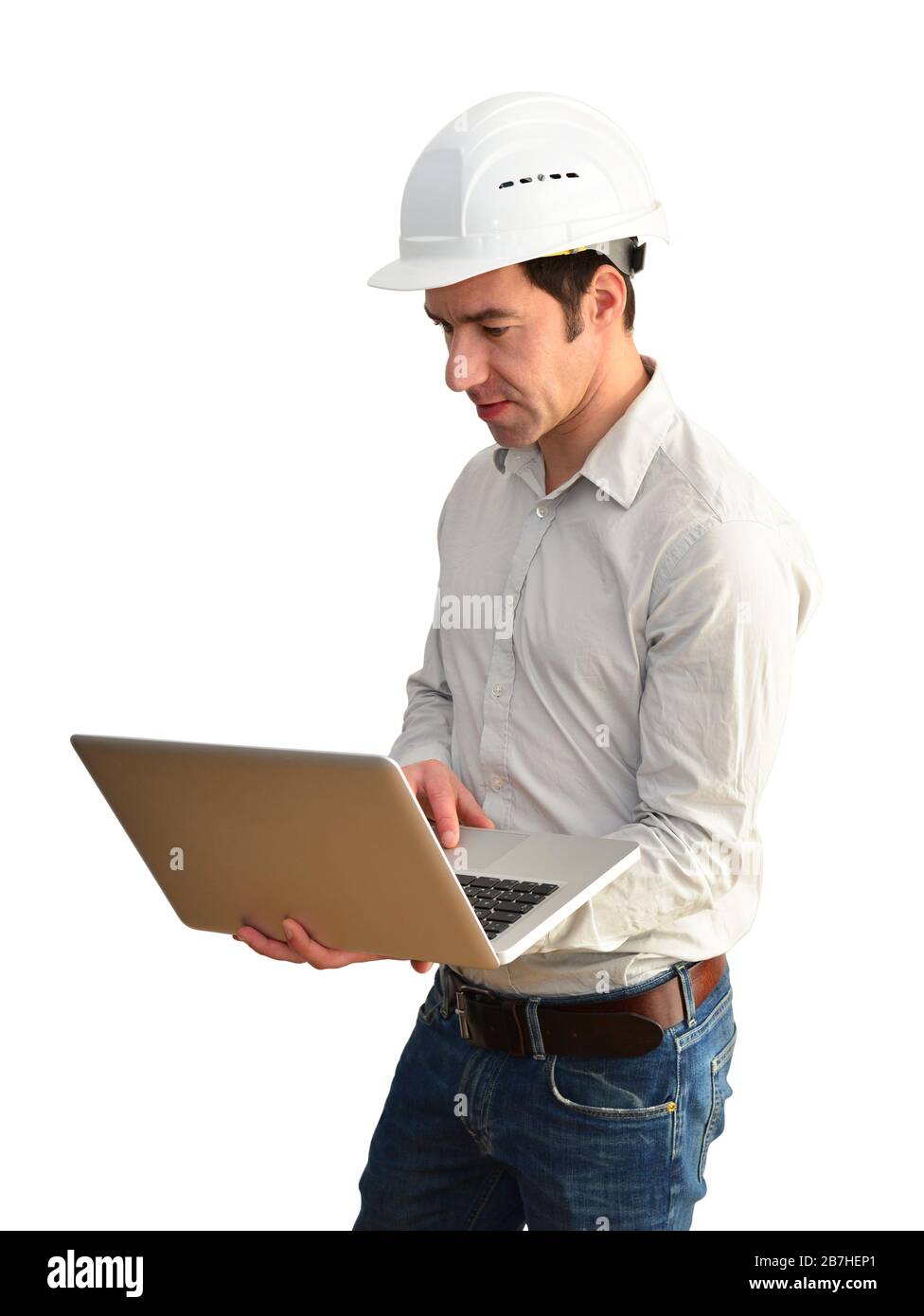 portrait isolated friendly architect with notebook on white background Stock Photo