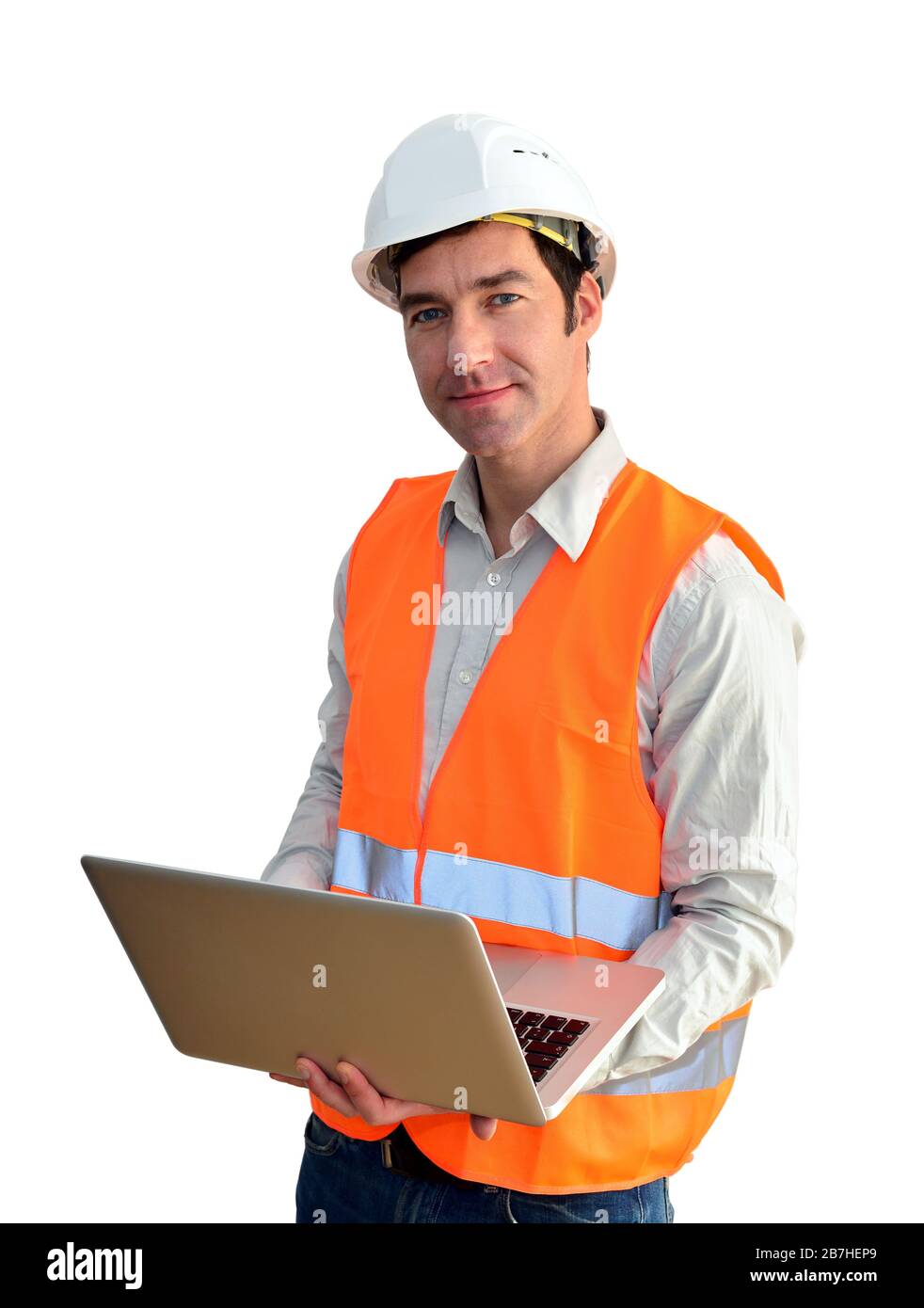 portrait isolated friendly architect with notebook on white background Stock Photo