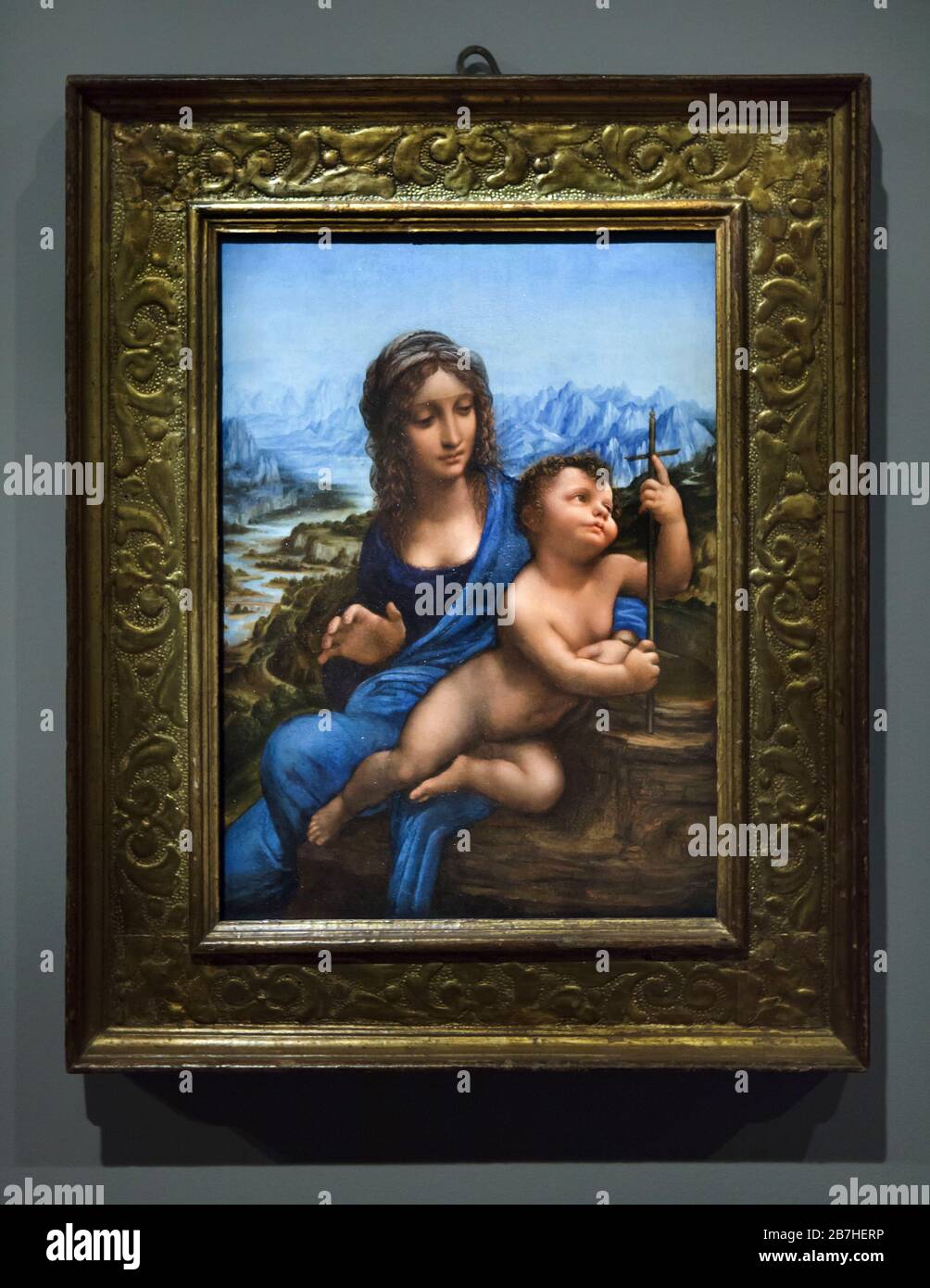 Painting 'Landsdowne Madonna' also known as 'Madonna of the Yarnwinder' by Italian Renaissance painter Leonardo da Vinci (1501-1510) on display at his exhibition in the Louvre Museum in Paris, France. The exhibition marking the 500th anniversary of Leonardo's death runs till 24 February 2020. Stock Photo
