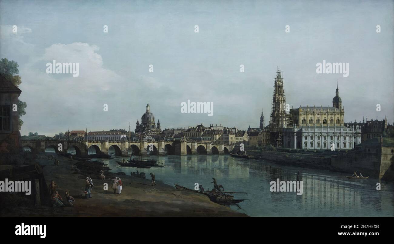 Painting 'Dresden from the Right Bank of the Elbe, bellow the Augustus Bridge' by Italian landscape painter Bernardo Bellotto also known as Canaletto (1748) on display in the Gemäldegalerie Alte Meister (Old Masters Gallery) in Dresden, Germany. The Dresden Frauenkirche (Dresdner Frauenkirche), the Augustus Bridge (Augustusbrücke) and the Dresden Cathedral (Katholische Hofkirche) under construction are depicted in the vedute. Stock Photo